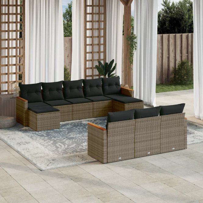 vidaXL 10-tlg. Garten-Sofagarnitur mit Kissen Schwarz Poly Rattan