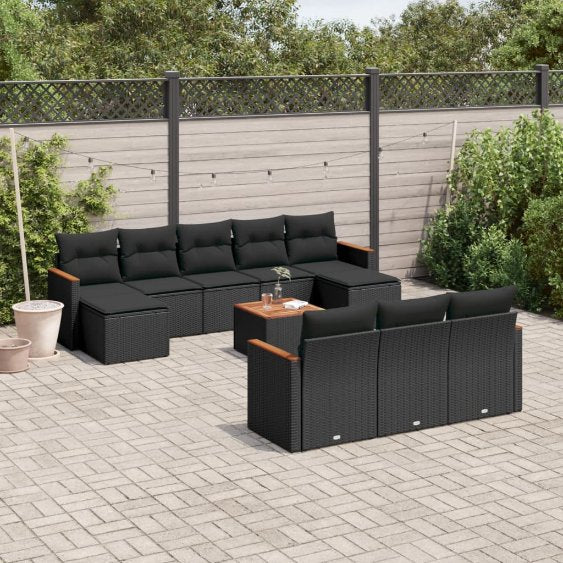 vidaXL 10-tlg. Garten-Sofagarnitur mit Kissen Schwarz Poly Rattan