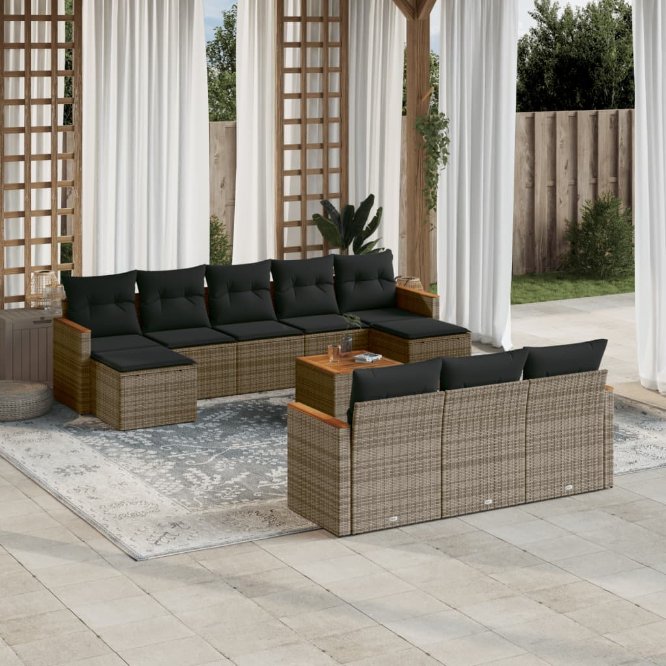 vidaXL 10-tlg. Garten-Sofagarnitur mit Kissen Schwarz Poly Rattan