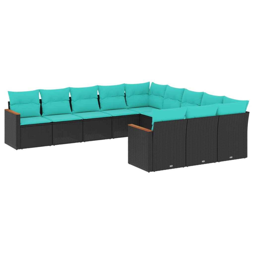 vidaXL 11-teiliges Gartensofa-Set mit Kissen, schwarzes Polyrattan