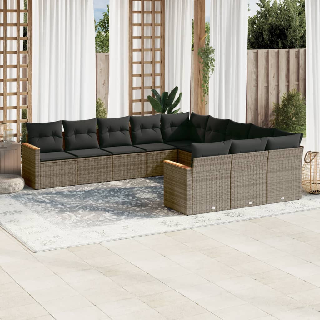 11-tlg. Garten-Sofagarnitur mit Kissen Schwarz Poly Rattan
