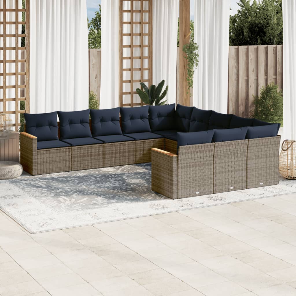 vidaXL 11-teiliges Gartensofa-Set mit Kissen, schwarzes Polyrattan