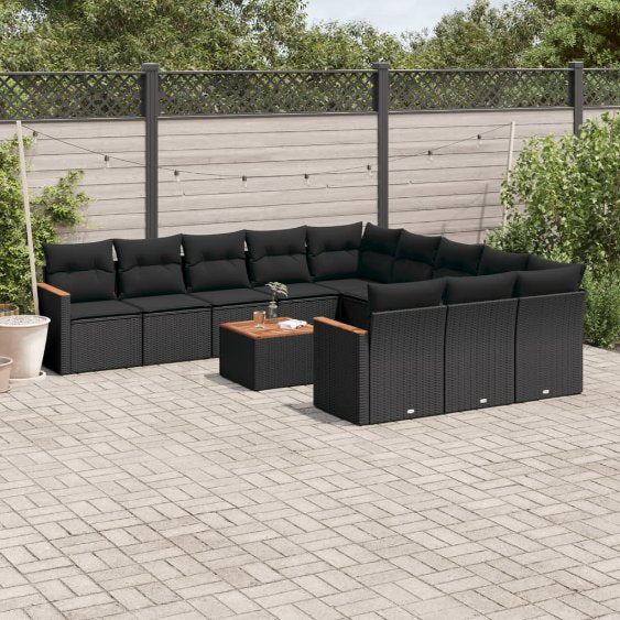 11-tlg. Garten-Sofagarnitur mit Kissen Schwarz Poly Rattan