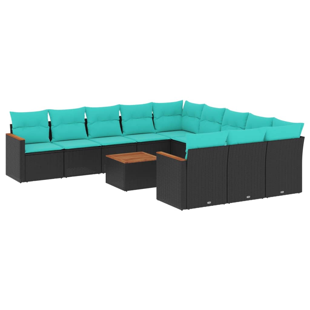 vidaXL 11-teiliges Gartensofa-Set mit Kissen, schwarzes Polyrattan