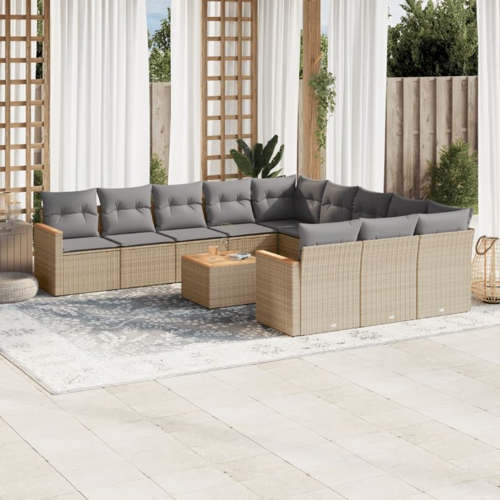 11-tlg. Garten-Sofagarnitur mit Kissen Schwarz Poly Rattan