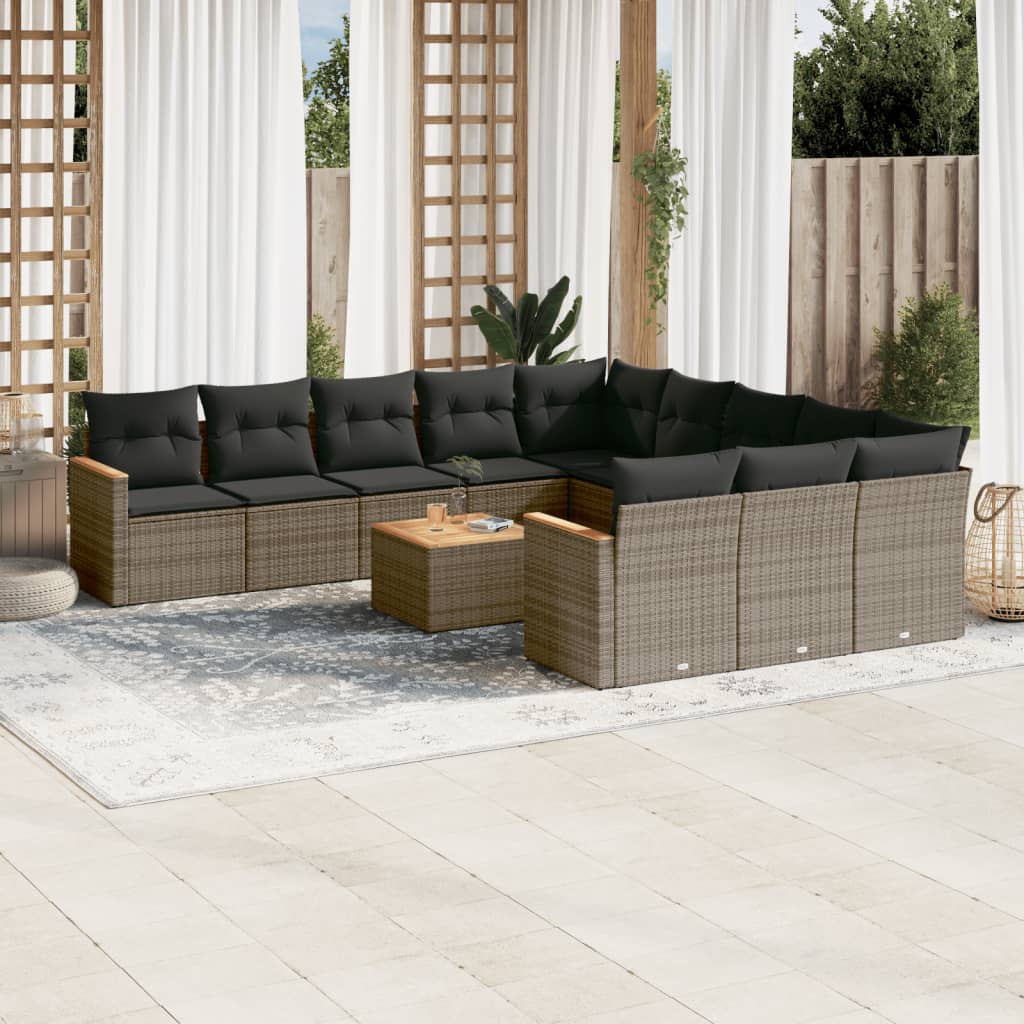 11-tlg. Garten-Sofagarnitur mit Kissen Schwarz Poly Rattan