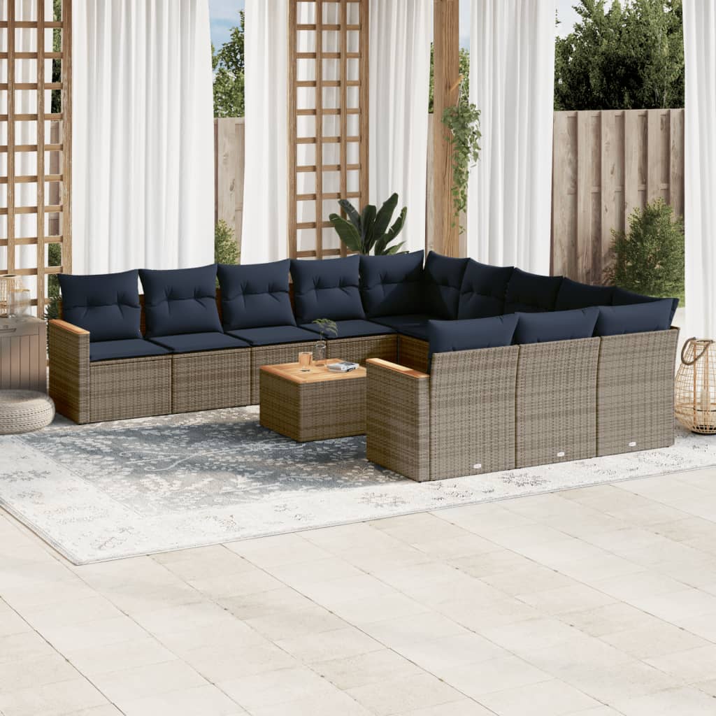 vidaXL 11-teiliges Gartensofa-Set mit Kissen, schwarzes Polyrattan