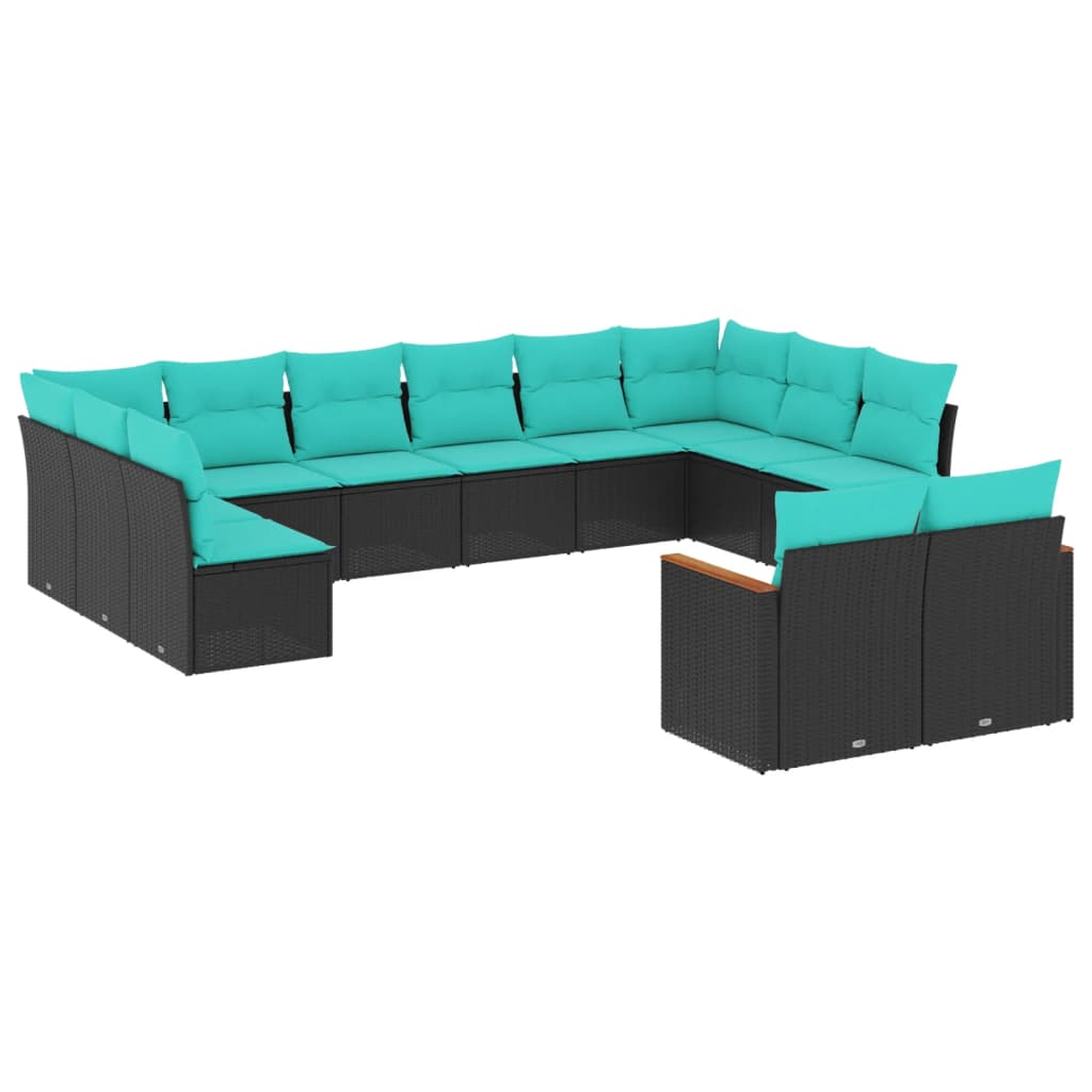 vidaXL 12-teiliges Gartensofa-Set mit Kissen, schwarzes Polyrattan