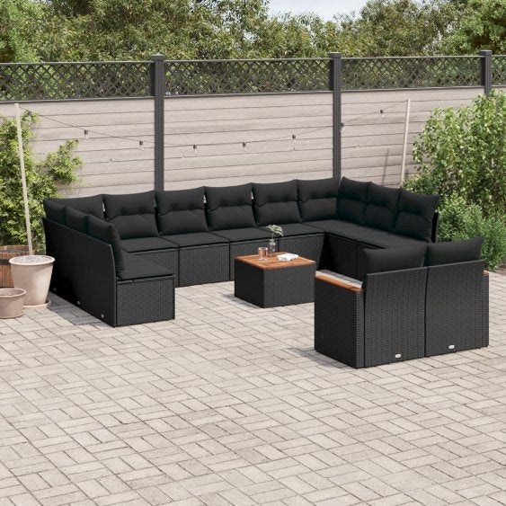 12-tlg. Garten-Sofagarnitur mit Kissen Schwarz Poly Rattan