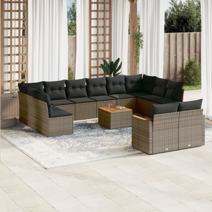 12-tlg. Garten-Sofagarnitur mit Kissen Schwarz Poly Rattan