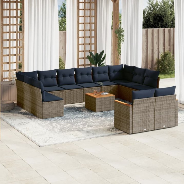 vidaXL 12-teiliges Gartensofa-Set mit Kissen, schwarzes Polyrattan