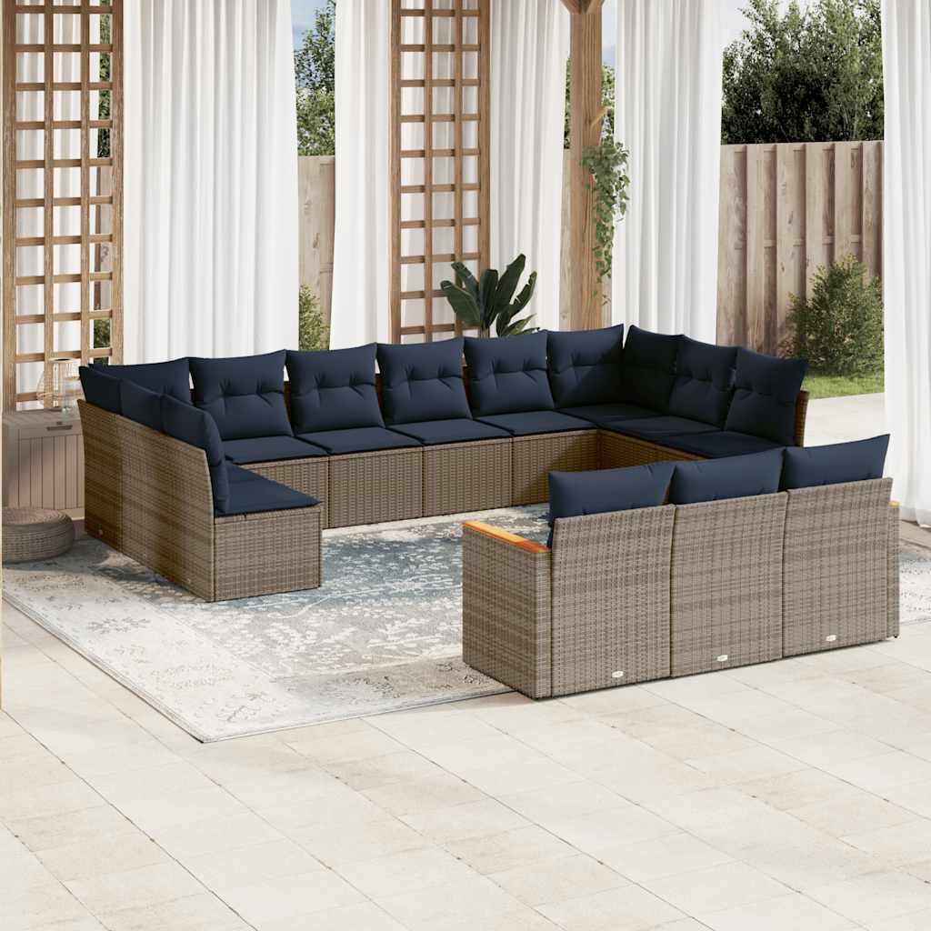 13-teiliges Gartensofa-Set mit Kissen, schwarzes Polyrattan