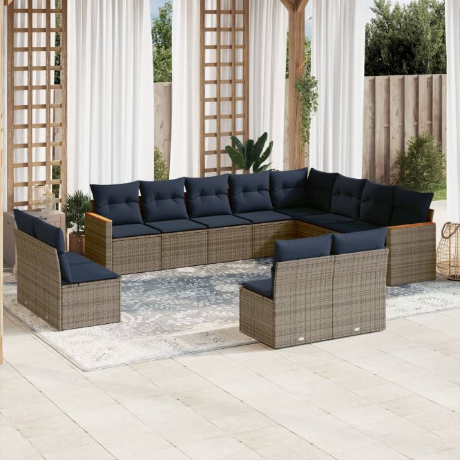 vidaXL 12-teiliges Gartensofa-Set mit Kissen, schwarzes Polyrattan
