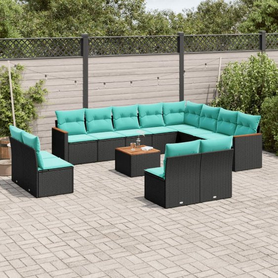 vidaXL 12-teiliges Gartensofa-Set mit Kissen, schwarzes Polyrattan