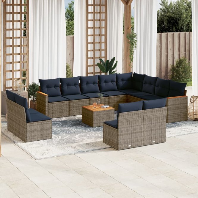 vidaXL 12-teiliges Gartensofa-Set mit Kissen, schwarzes Polyrattan