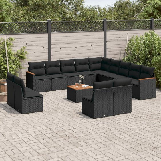 13-tlg. Garten-Sofagarnitur mit Kissen Schwarz Poly Rattan