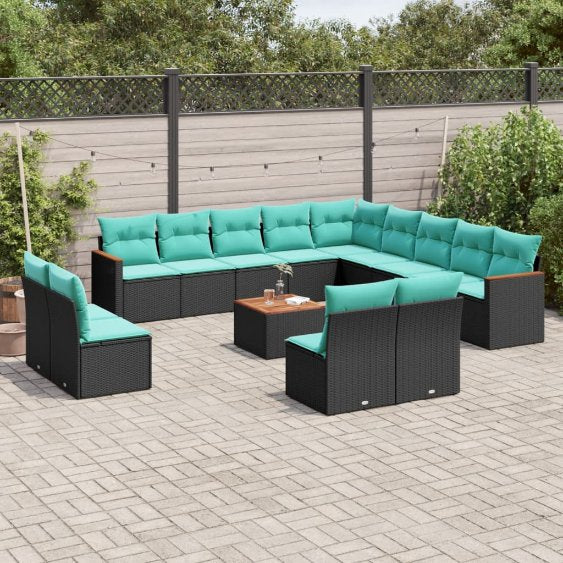13-teiliges Gartensofa-Set mit Kissen, schwarzes Polyrattan