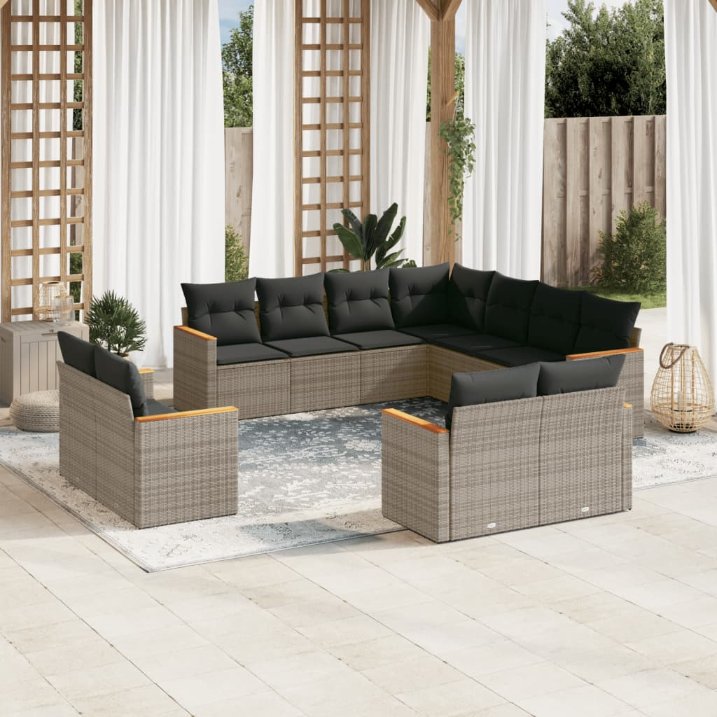 11-tlg. Garten-Sofagarnitur mit Kissen Schwarz Poly Rattan