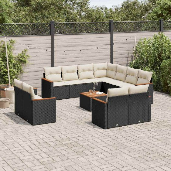 11-tlg. Garten-Sofagarnitur mit Kissen Schwarz Poly Rattan
