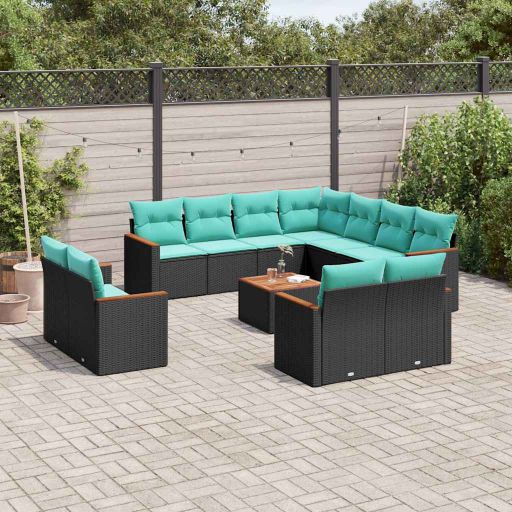 vidaXL 11-teiliges Gartensofa-Set mit Kissen, schwarzes Polyrattan