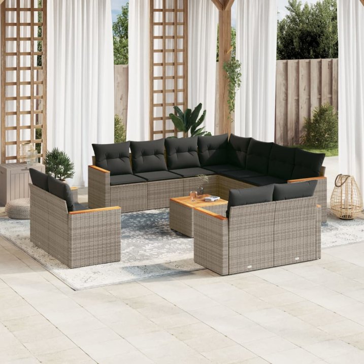 11-tlg. Garten-Sofagarnitur mit Kissen Schwarz Poly Rattan