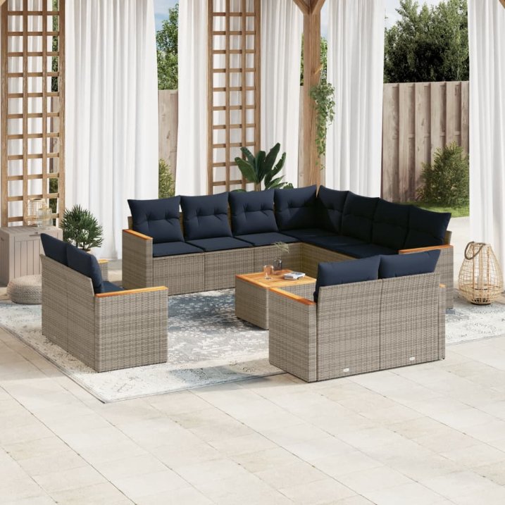 vidaXL 11-teiliges Gartensofa-Set mit Kissen, schwarzes Polyrattan