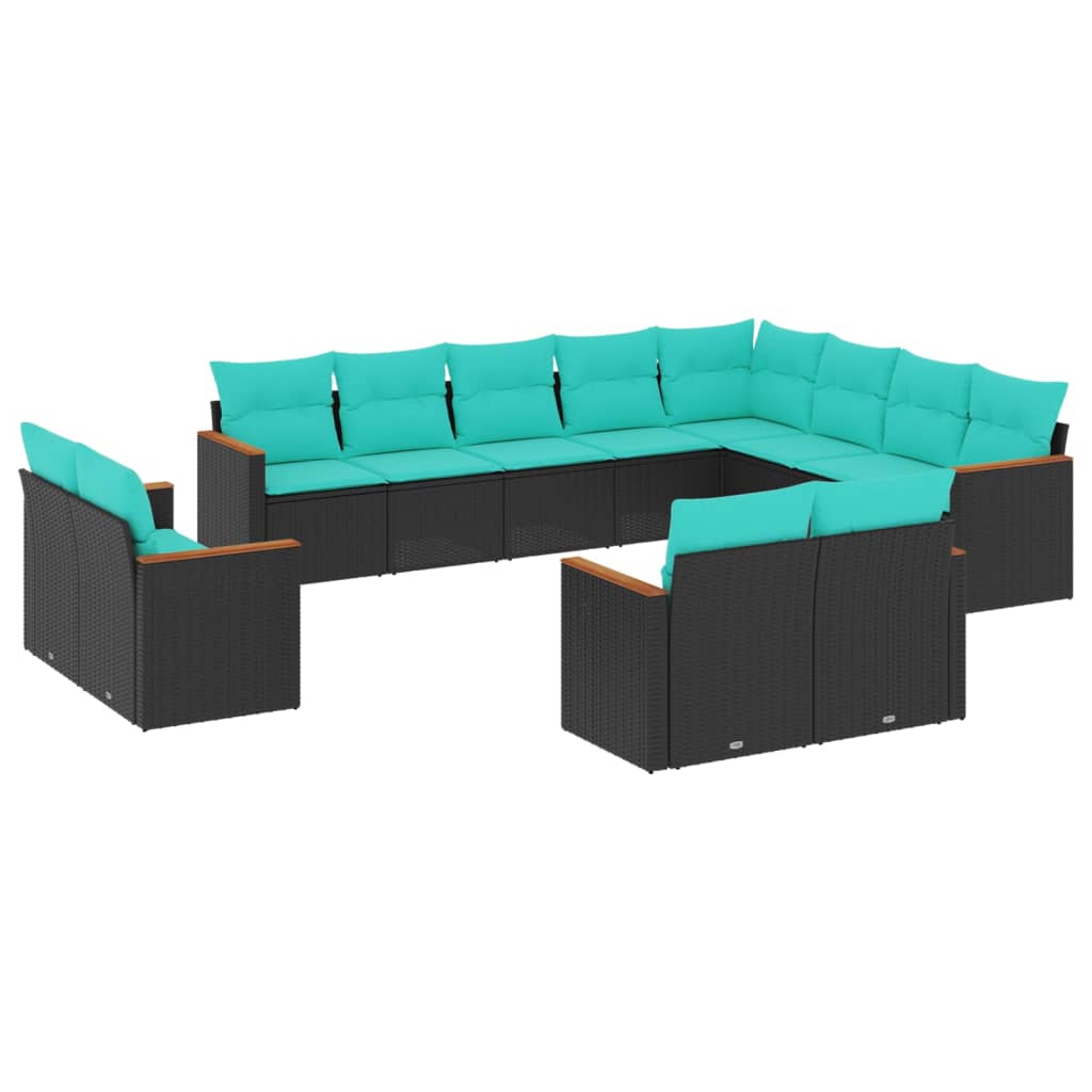 vidaXL 12-teiliges Gartensofa-Set mit Kissen, schwarzes Polyrattan