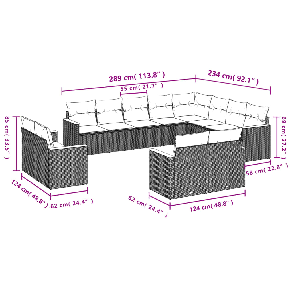 vidaXL 12-teiliges Gartensofa-Set mit Kissen, schwarzes Polyrattan