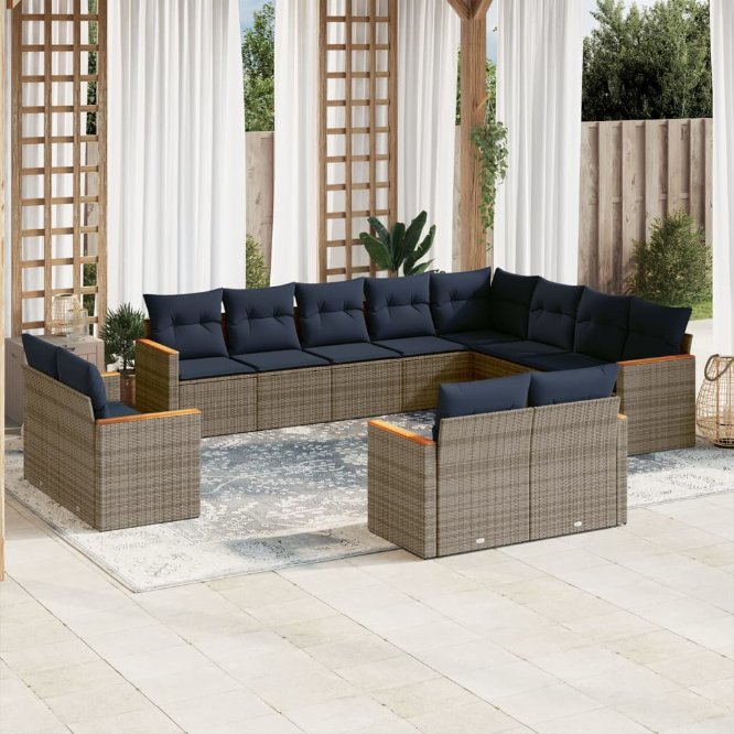 vidaXL 12-teiliges Gartensofa-Set mit Kissen, schwarzes Polyrattan