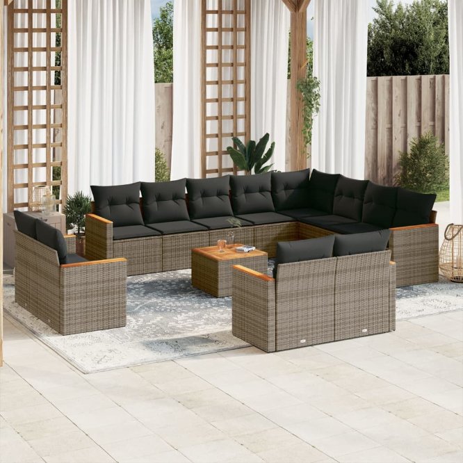 12-tlg. Garten-Sofagarnitur mit Kissen Schwarz Poly Rattan