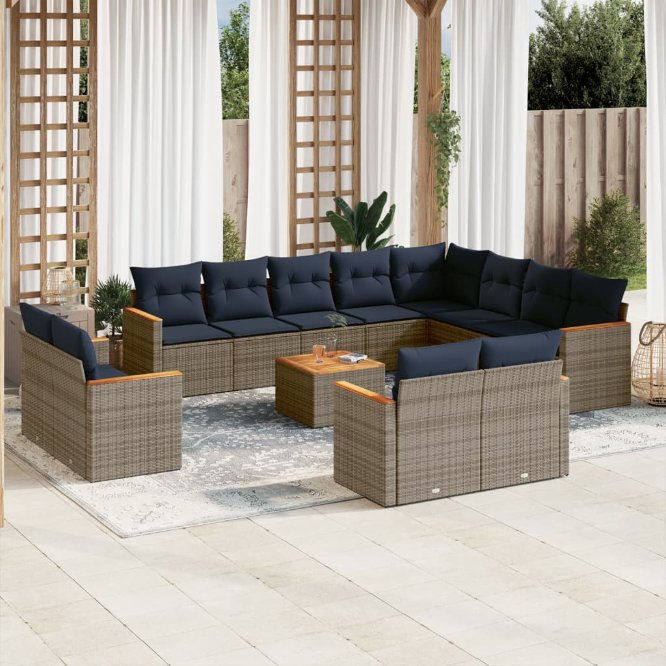 vidaXL 12-teiliges Gartensofa-Set mit Kissen, schwarzes Polyrattan