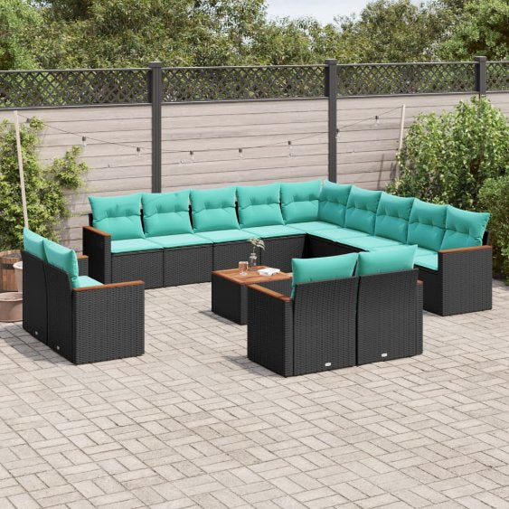13-teiliges Gartensofa-Set mit Kissen, schwarzes Polyrattan