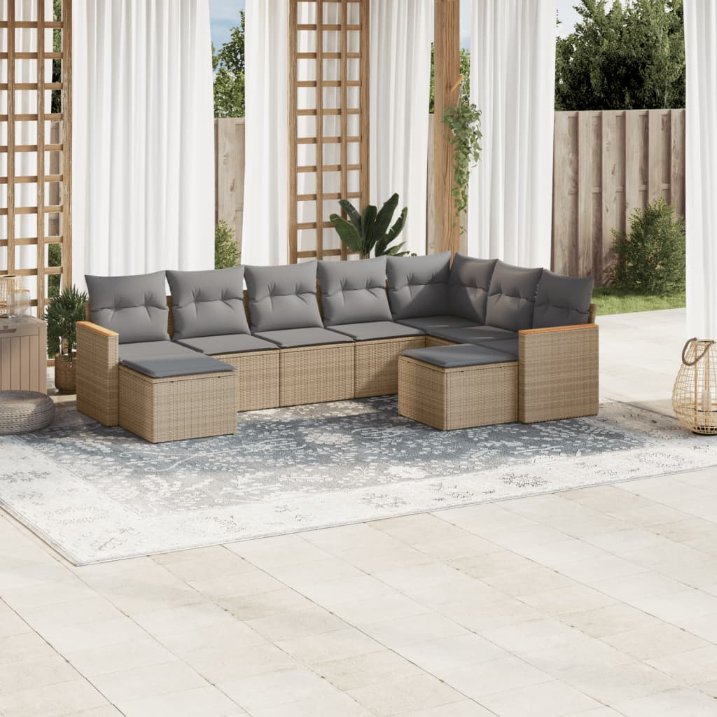 9-tlg. Garten-Sofagarnitur mit Kissen Schwarz Poly Rattan
