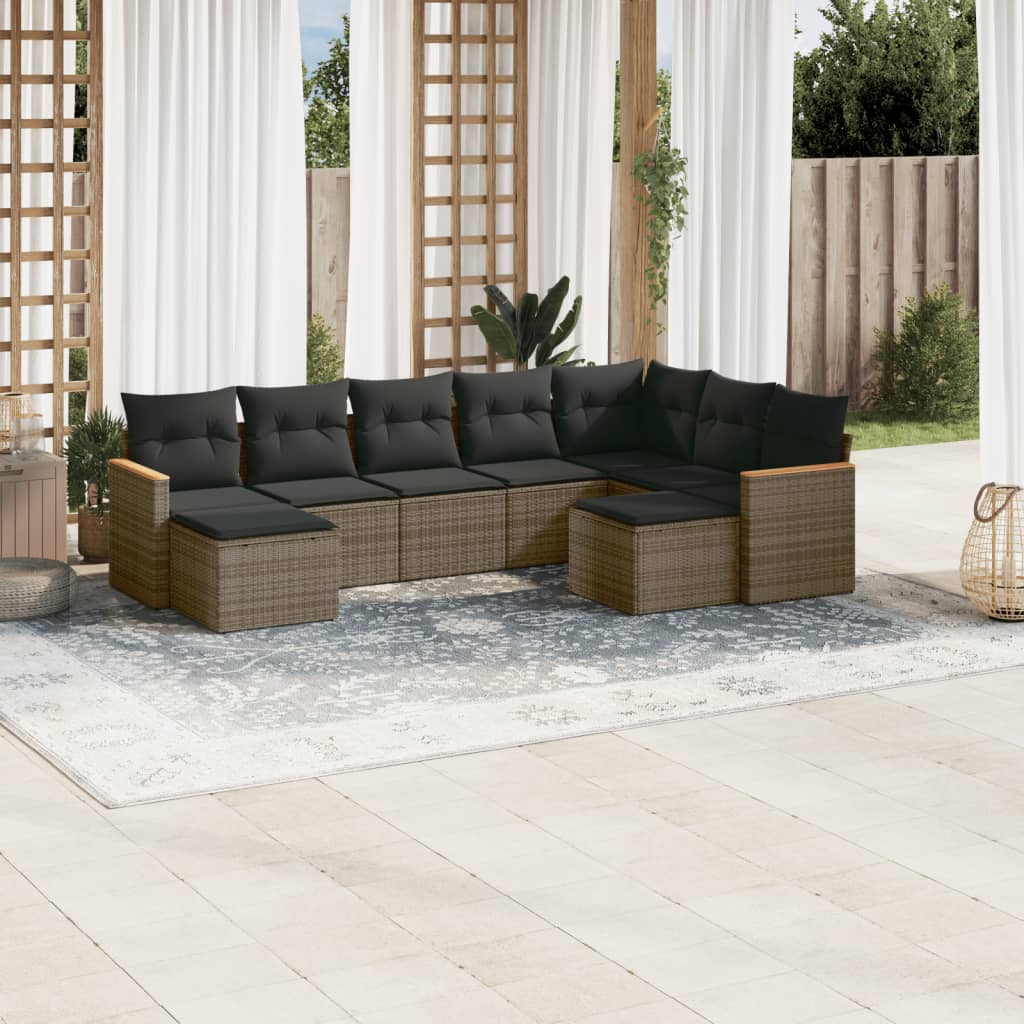 9-tlg. Garten-Sofagarnitur mit Kissen Schwarz Poly Rattan
