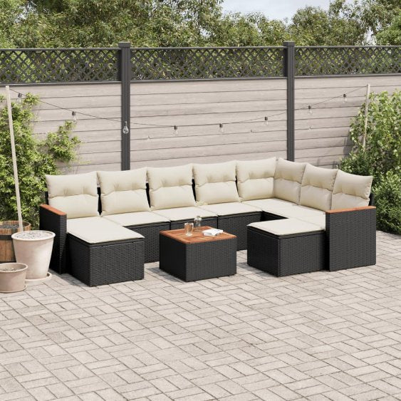 9-tlg. Garten-Sofagarnitur mit Kissen Schwarz Poly Rattan