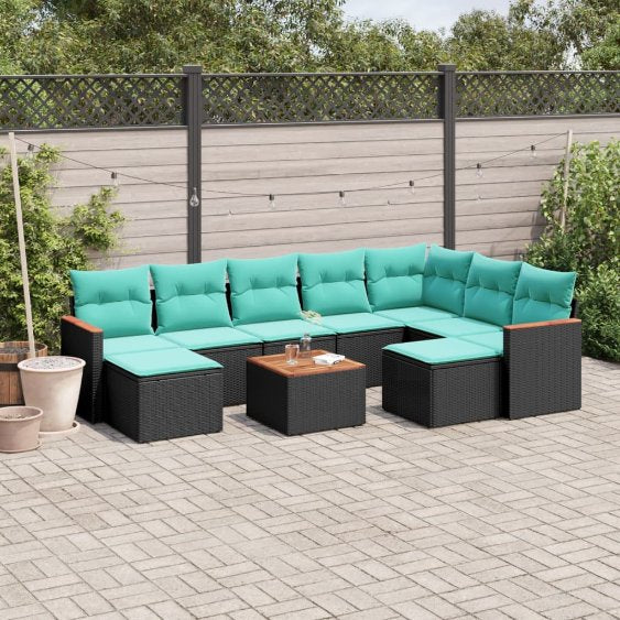 9-teiliges Gartensofa-Set mit Kissen, schwarzes Polyrattan