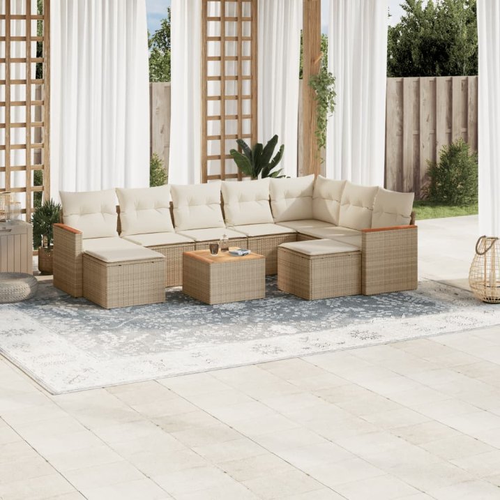 9-tlg. Garten-Sofagarnitur mit Kissen Schwarz Poly Rattan