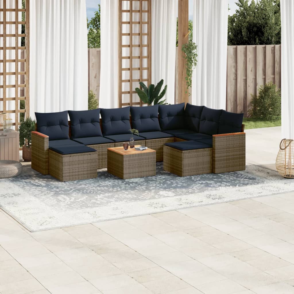9-teiliges Gartensofa-Set mit Kissen, schwarzes Polyrattan