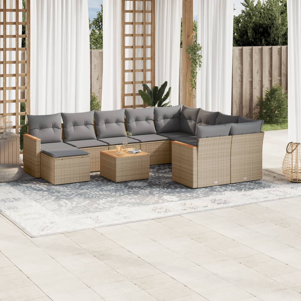 11-tlg. Garten-Sofagarnitur mit Kissen Schwarz Poly Rattan