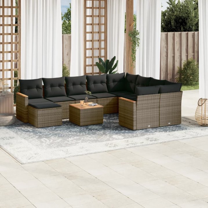 11-tlg. Garten-Sofagarnitur mit Kissen Schwarz Poly Rattan