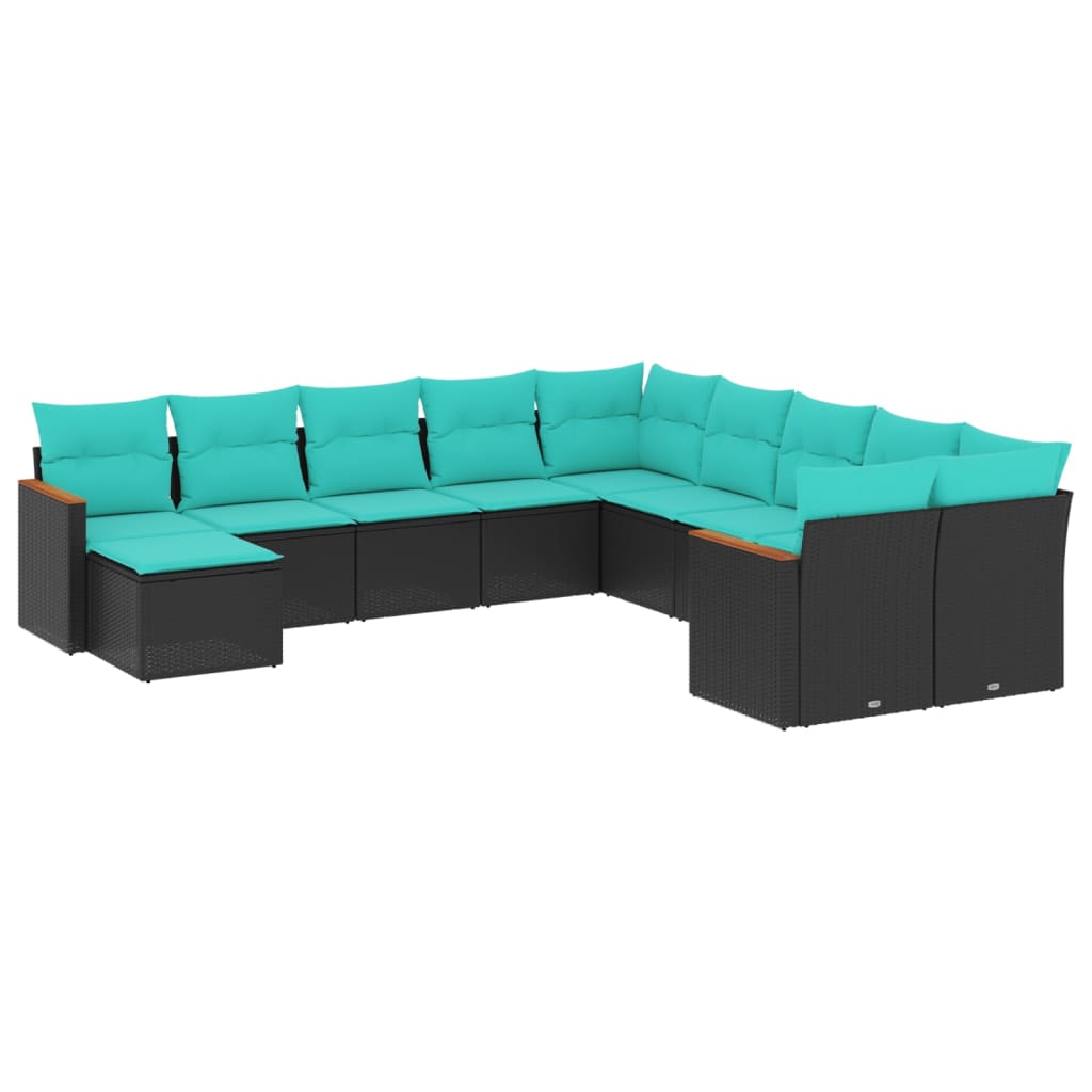 vidaXL 11-teiliges Gartensofa-Set mit Kissen, schwarzes Polyrattan