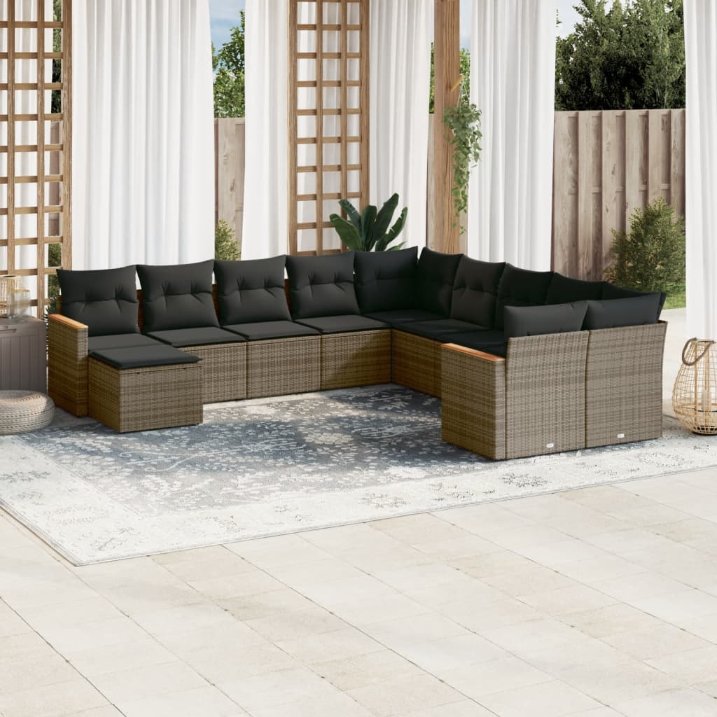 11-tlg. Garten-Sofagarnitur mit Kissen Schwarz Poly Rattan
