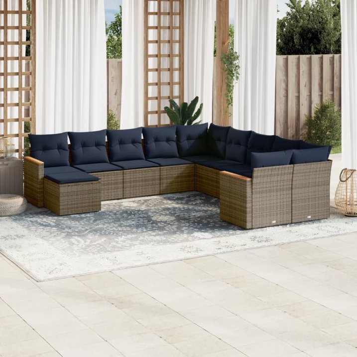 vidaXL 11-teiliges Gartensofa-Set mit Kissen, schwarzes Polyrattan