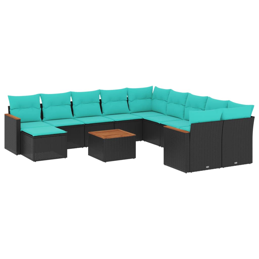 vidaXL 11-teiliges Gartensofa-Set mit Kissen, schwarzes Polyrattan