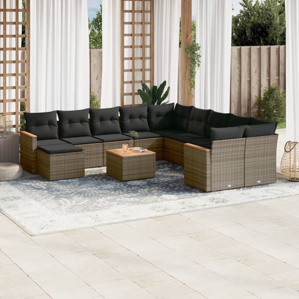 11-tlg. Garten-Sofagarnitur mit Kissen Schwarz Poly Rattan
