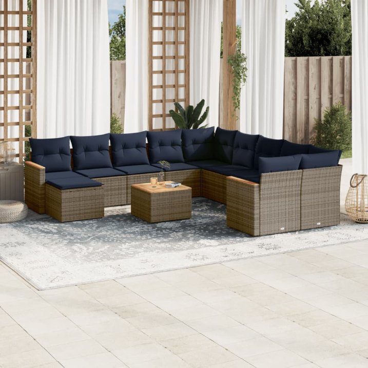 vidaXL 11-teiliges Gartensofa-Set mit Kissen, schwarzes Polyrattan