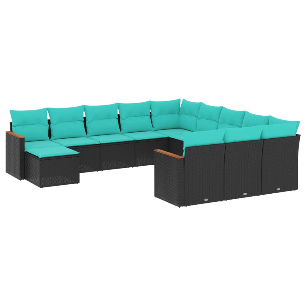 vidaXL 12-teiliges Gartensofa-Set mit Kissen, schwarzes Polyrattan