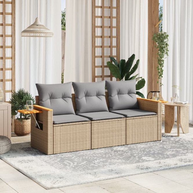 3-tlg. Garten-Sofagarnitur mit Kissen Schwarz Poly Rattan
