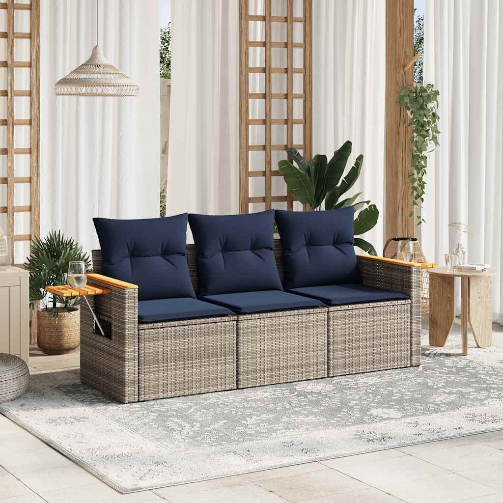 3-tlg. Garten-Sofagarnitur mit Kissen Schwarz Poly Rattan