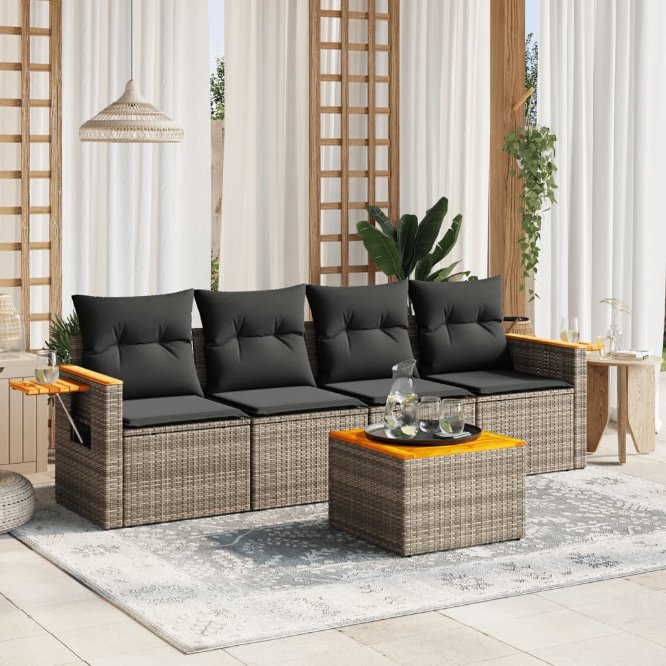 5-tlg. Garten-Sofagarnitur mit Kissen Schwarz Poly Rattan